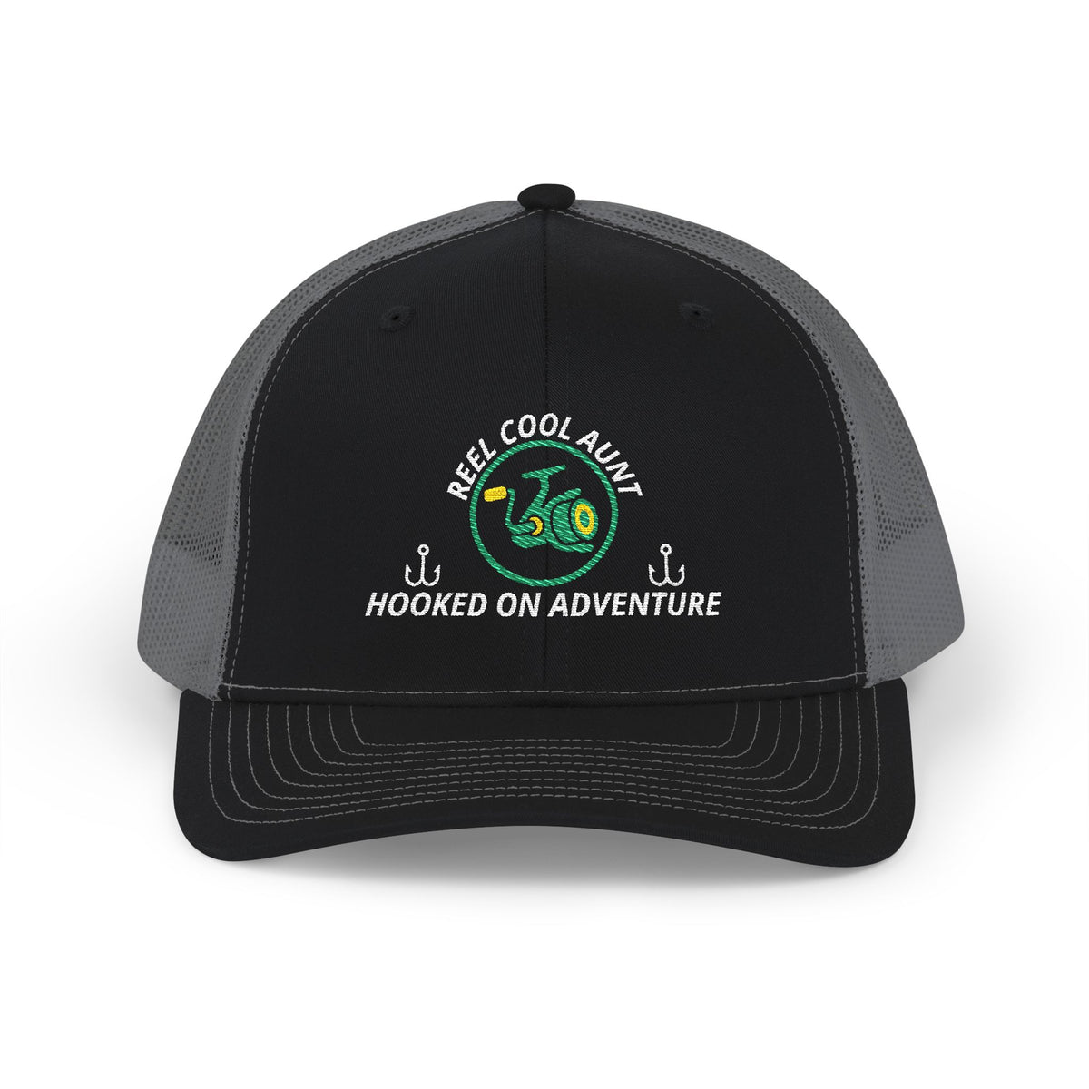 Reel Cool Aunt embroidered trucker cap, front view, black front with charcoal mesh back