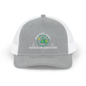 Reel Cool Aunt embroidered trucker cap, front view, heather grey front with white mesh back