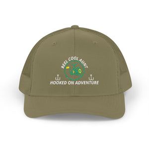 Reel Cool Aunt embroidered trucker cap, front view, loden