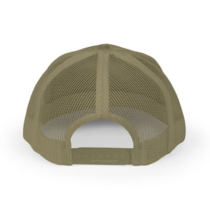 Reel Cool Brother embroidered trucker cap, back view showing snapback closure, loden