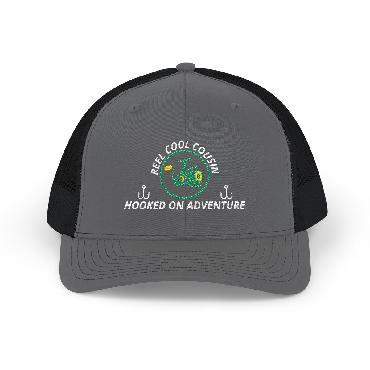 Reel Cool Cousin embroidered trucker cap, front view, charcoal front with black mesh back