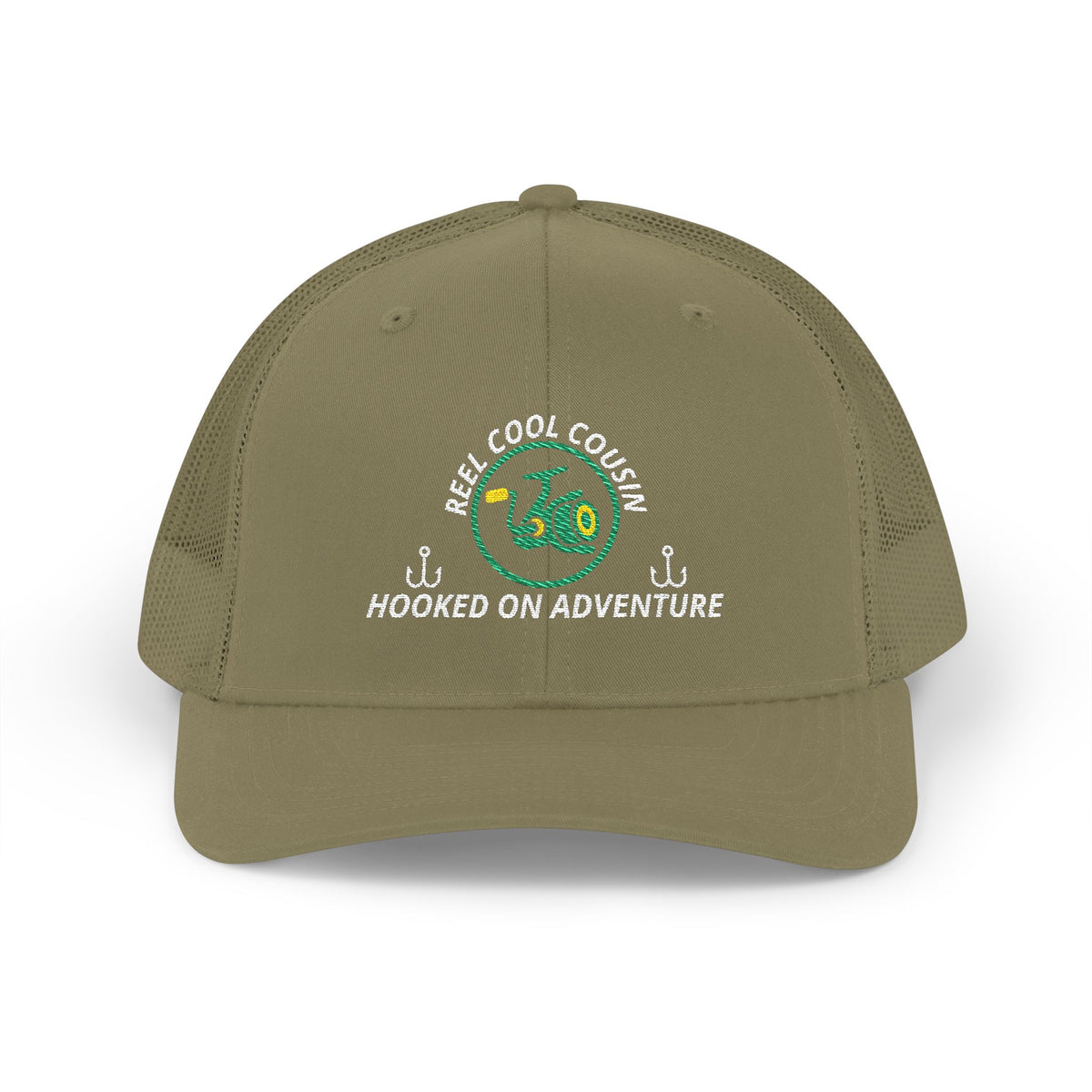 Reel Cool Cousin embroidered trucker cap, front view, loden