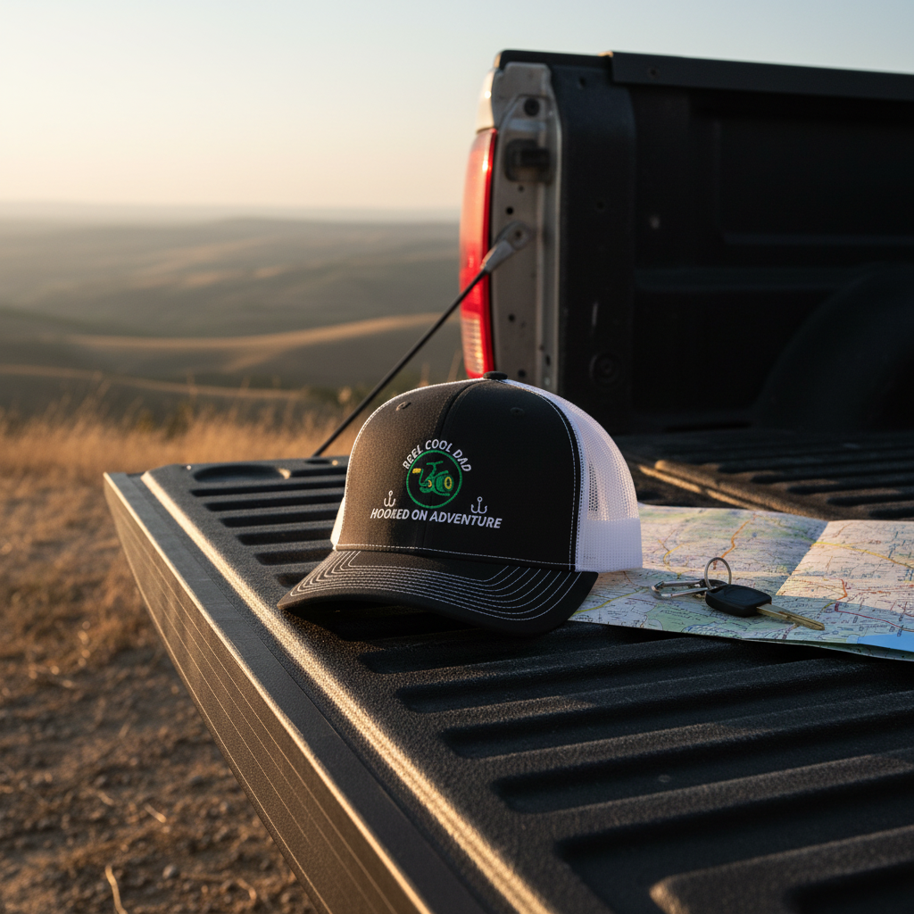 REEL COOL DAD trucker cap with black front and white mesh back displayed on a scenic outdoor tailgate.