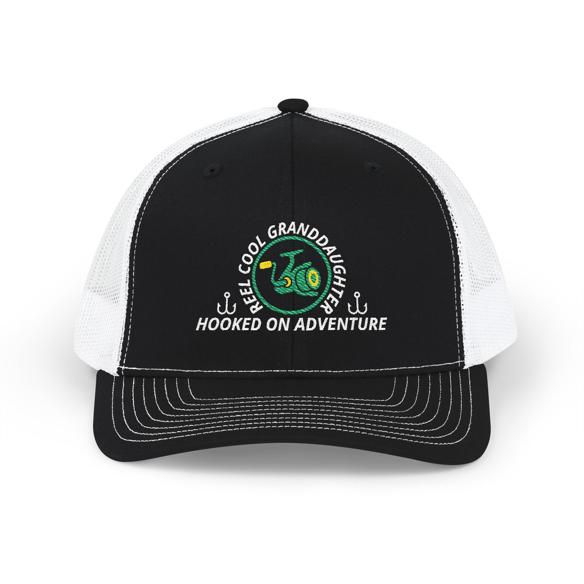 Reel Cool Granddaughter embroidered trucker cap, front view, black front with white mesh back
