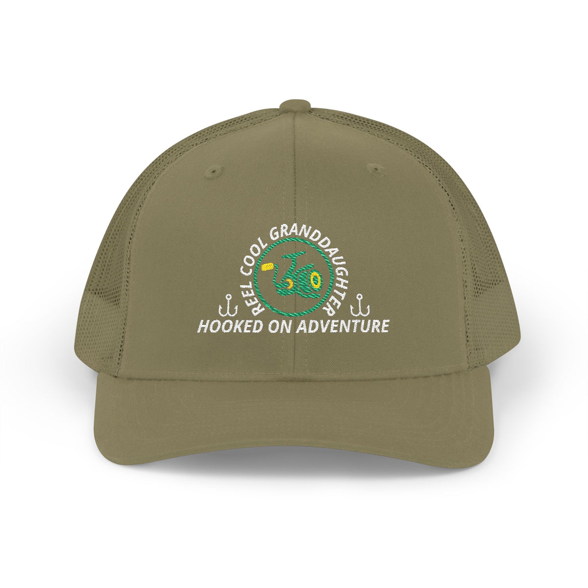 Reel Cool Granddaughter embroidered trucker cap, front view, loden