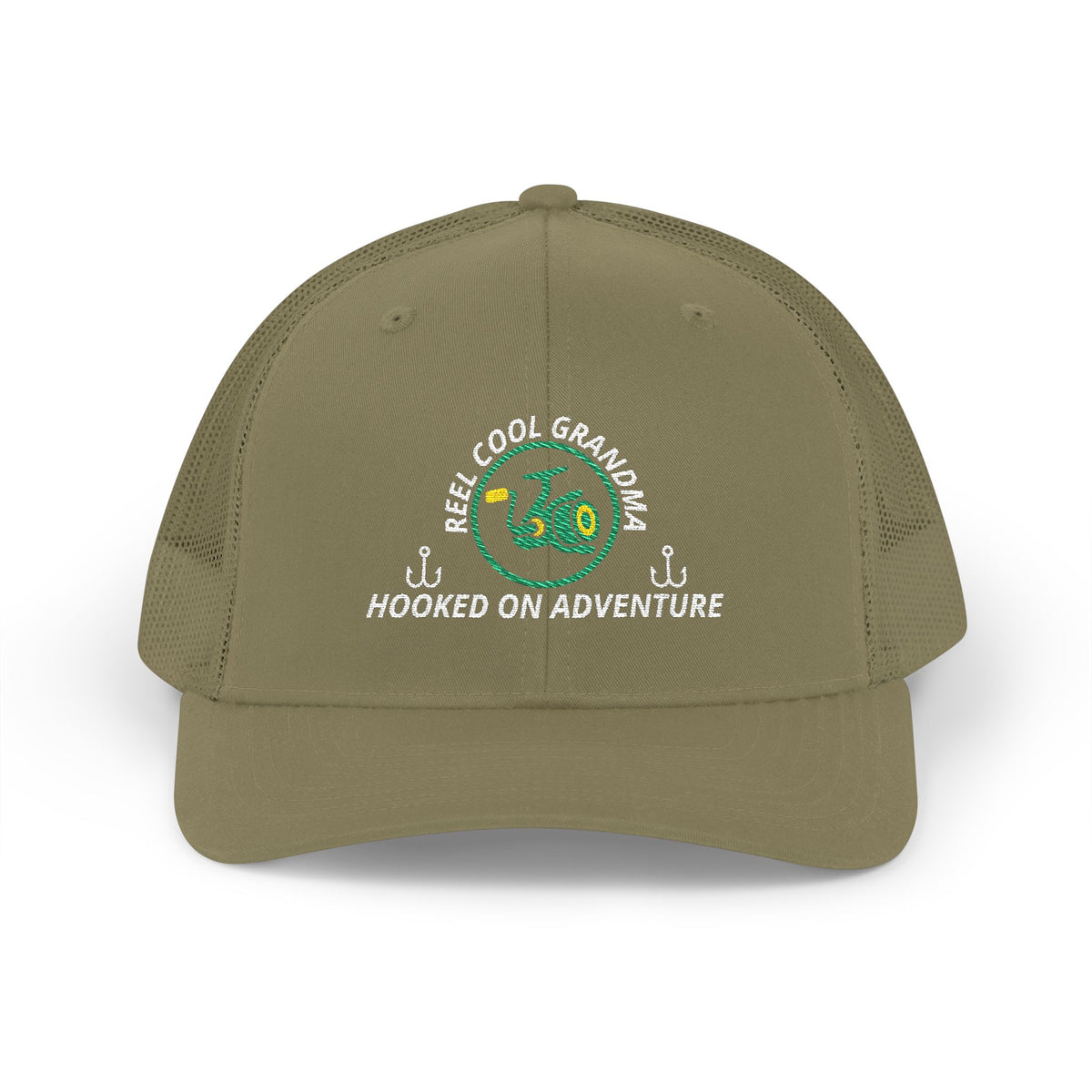 Reel Cool Grandma embroidered trucker cap, front view, loden