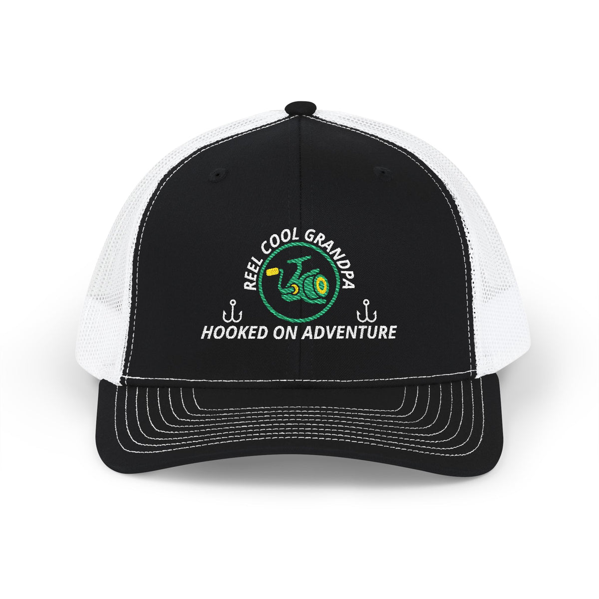 Reel Cool Grandpa embroidered trucker cap, front view, black front with white mesh back