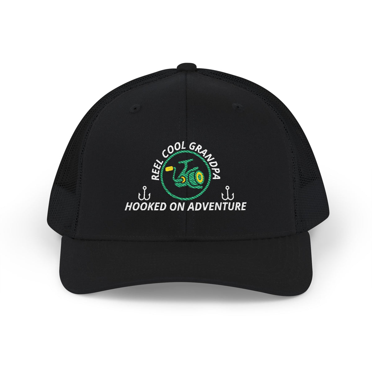 Reel Cool Grandpa embroidered trucker cap, front view, black
