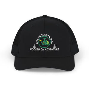 Reel Cool Grandson embroidered trucker cap, front view, black