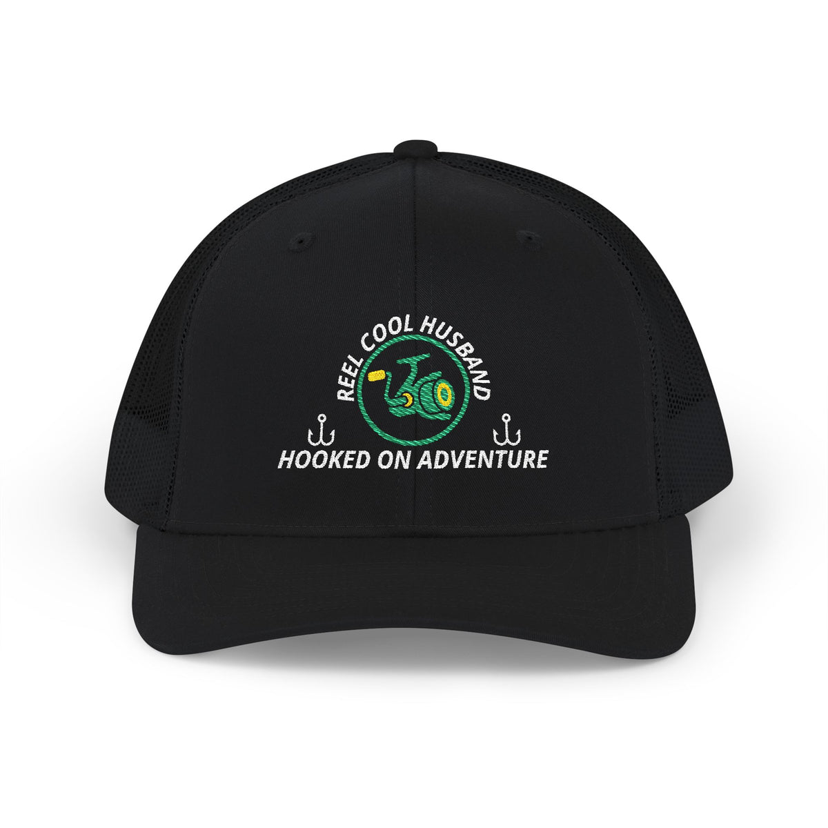 Reel Cool Husband embroidered trucker cap, front view, black