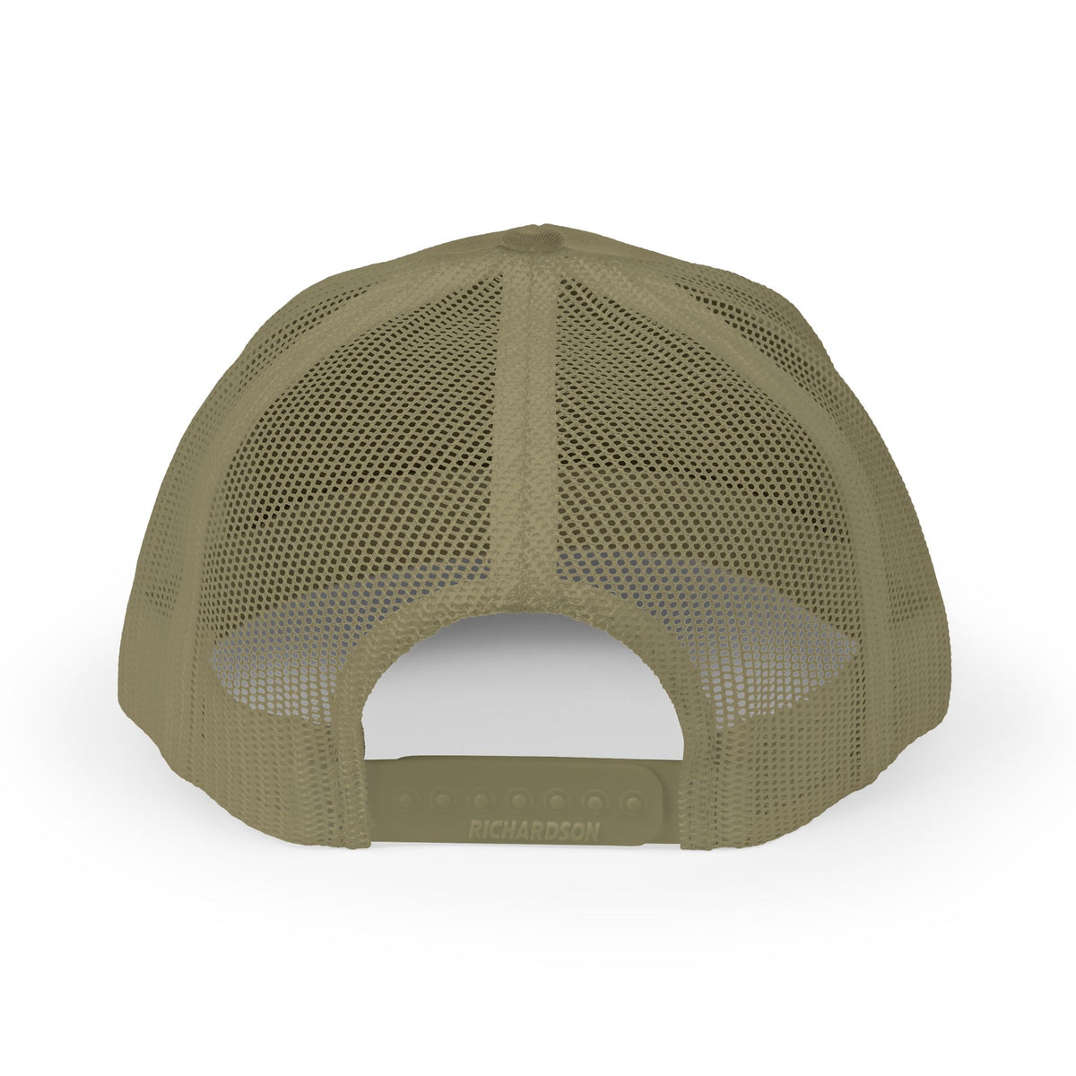 Reel Cool Nephew embroidered trucker cap, back view showing snapback closure, loden