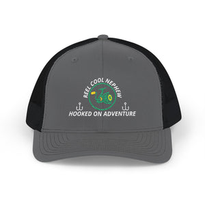 Reel Cool Nephew embroidered trucker cap, front view, charcoal front with black mesh back