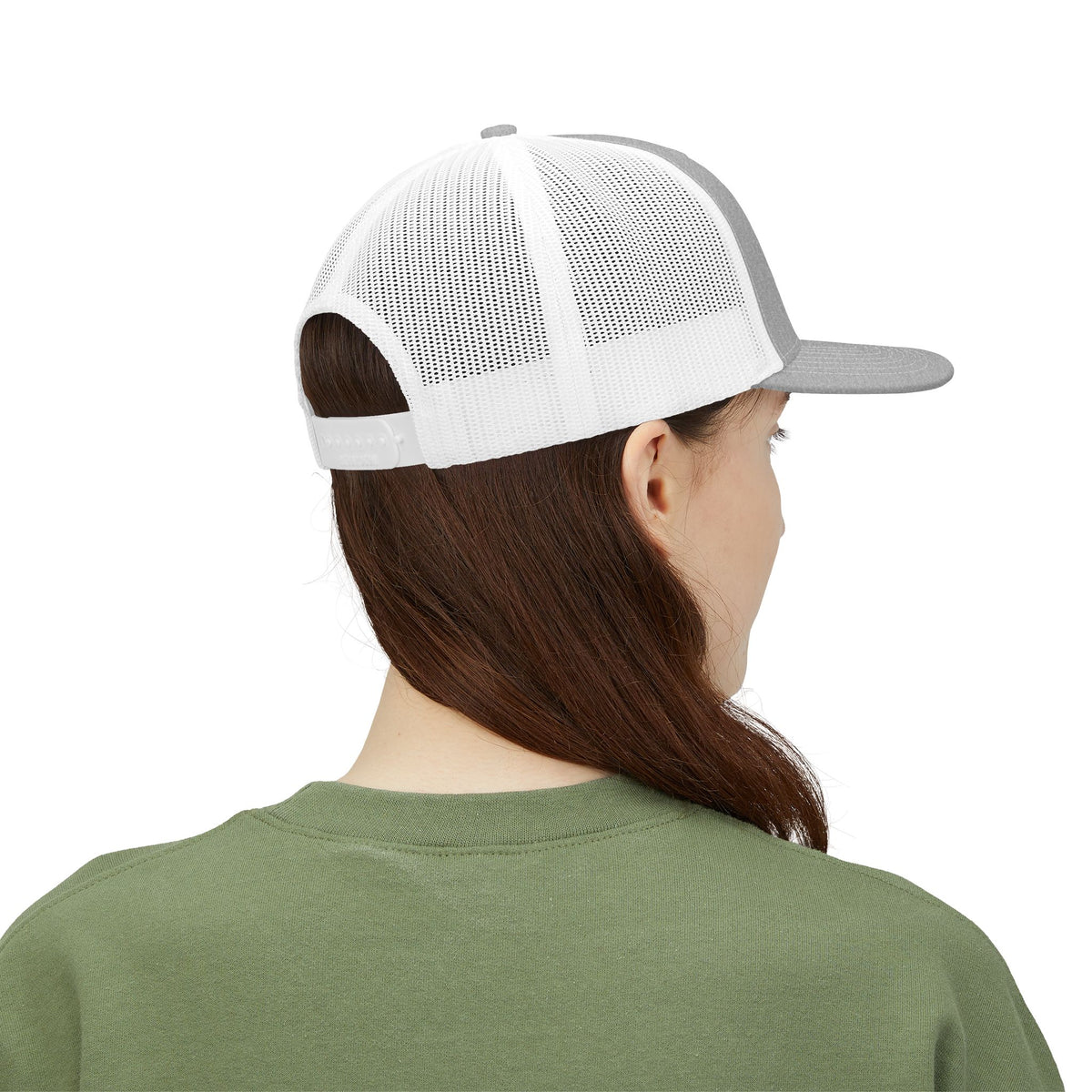Reel Cool Niece embroidered trucker cap on model, back side view, heather grey front with white mesh back