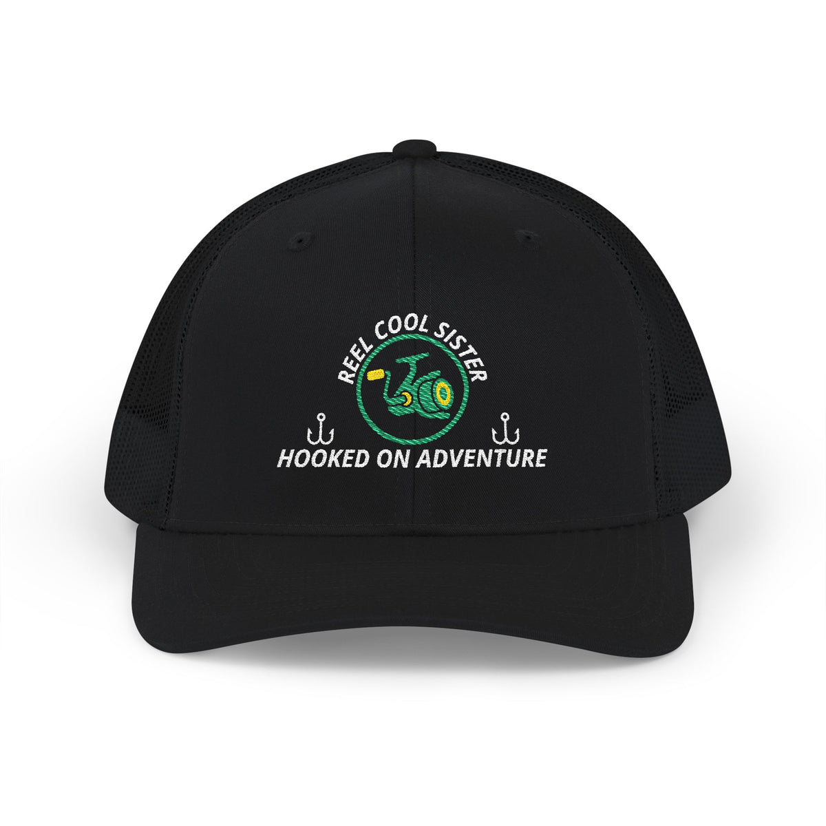 Reel Cool Sister embroidered trucker cap, front view, black