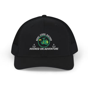 Reel Cool Sister embroidered trucker cap, front view, black