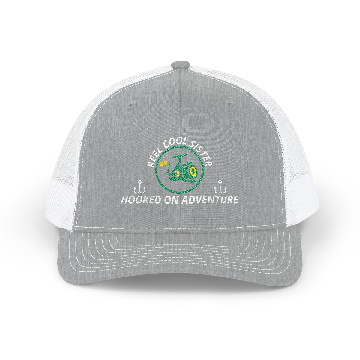 Reel Cool Sister embroidered trucker cap, front view, heather grey front with white mesh back