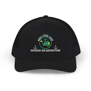Reel Cool Son embroidered trucker cap, front view, black
