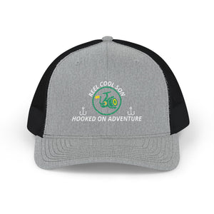 Reel Cool Son embroidered trucker cap, front view, heather grey front with black mesh back