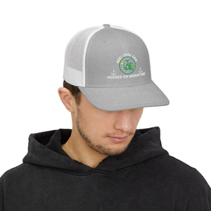 Reel Cool Son embroidered trucker cap on model, front side view, heather grey front with white mesh back