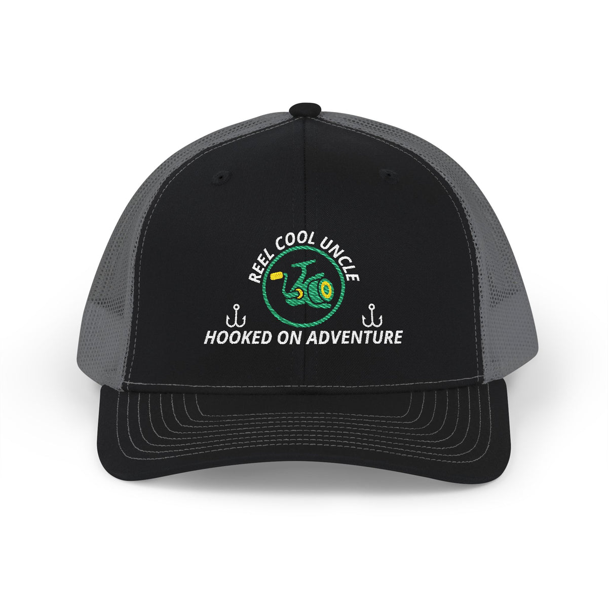 Reel Cool Uncle embroidered trucker cap, front view, black front with charcoal mesh back