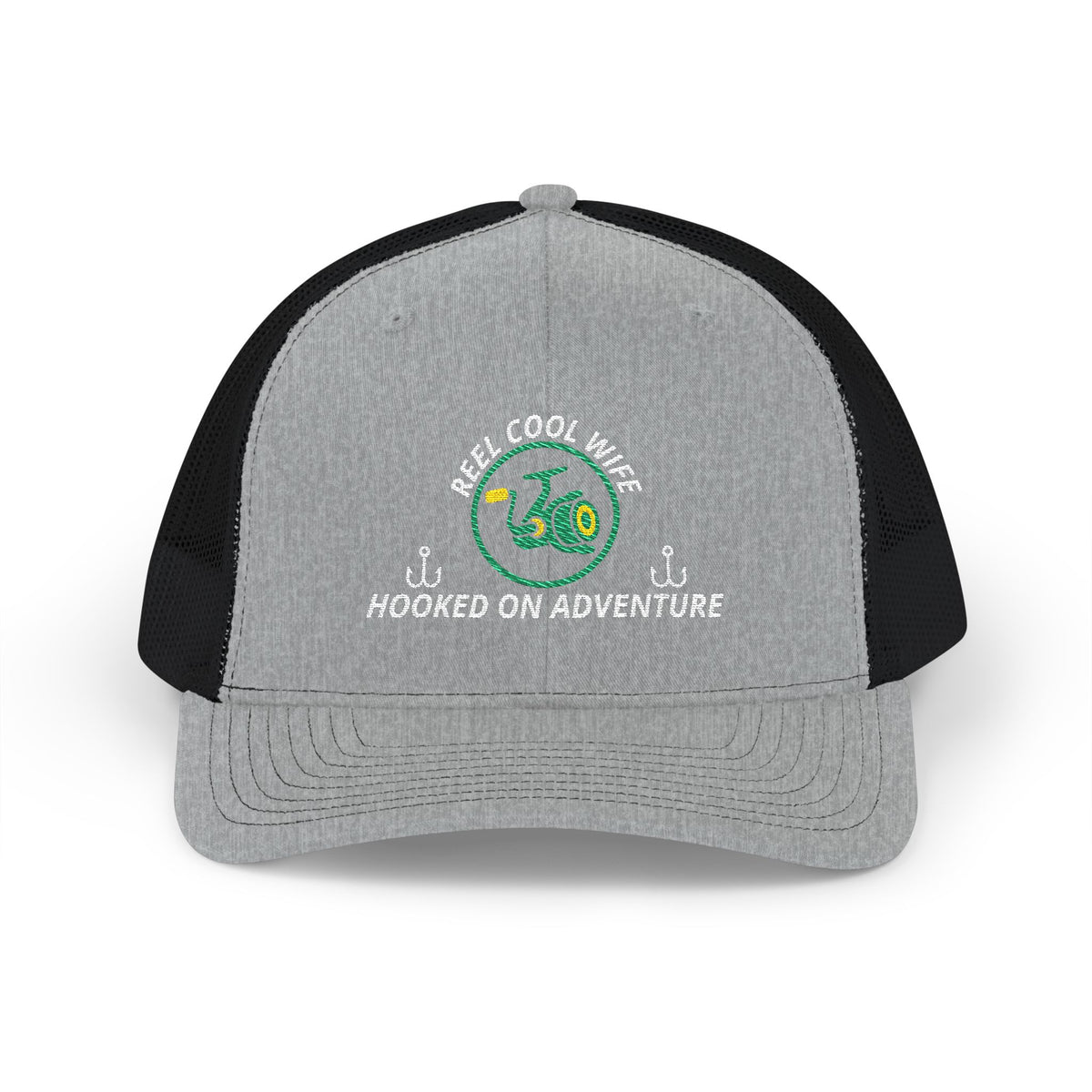Reel Cool Wife embroidered trucker cap, front view, heather grey front with black mesh back